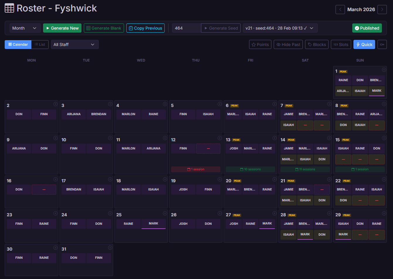 Roster Calendar View